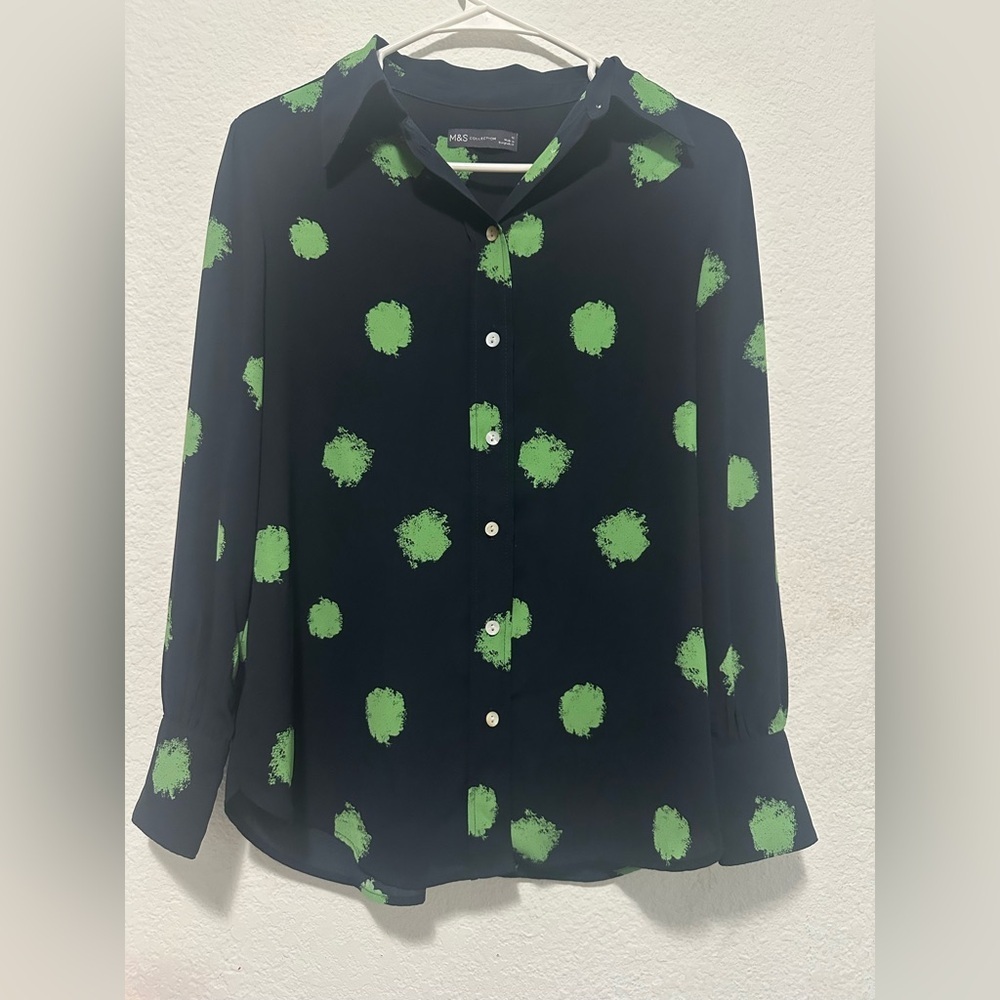 Marks & Spencer Navy Blue with Green Button Down Long Sleeves Blouse  size 12